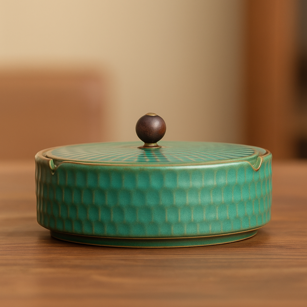 ZenFlame - Artisan Ceramic Ashtray with Wooden Lid
