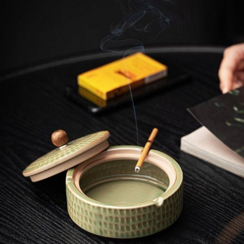 ZenFlame - Artisan Ceramic Ashtray with Wooden Lid