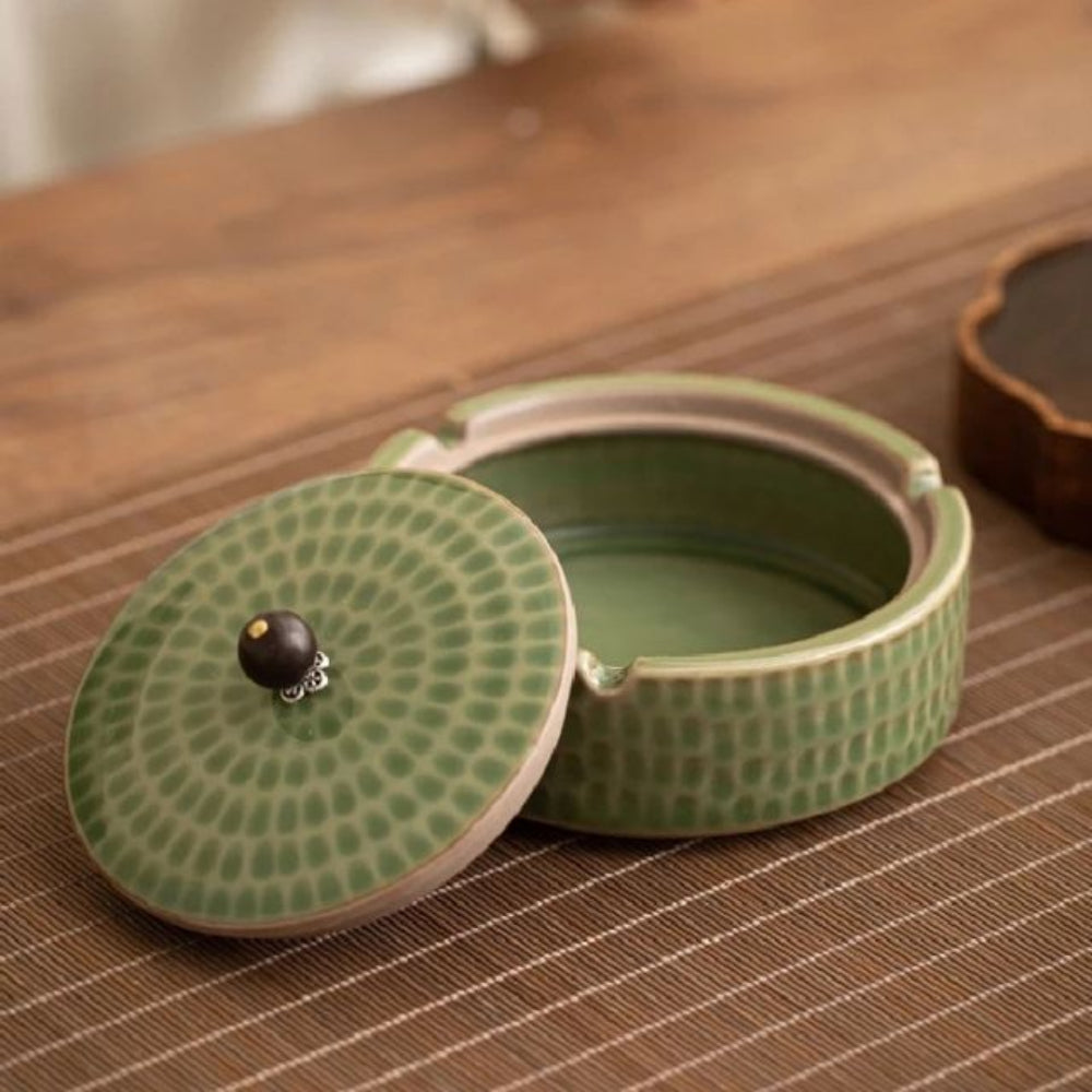 ZenFlame - Artisan Ceramic Ashtray with Wooden Lid